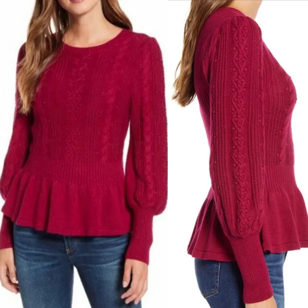 Rachel Parcell Red Cable Knit Peplum Sweater